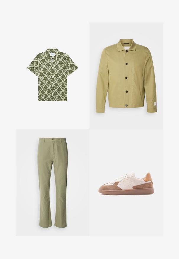 Chaqueta verde oliva clara hecha de lino, con un corte recto, botones negros y una etiqueta en la manga. No presenta patrones ni adornos visibles.; Camisa de manga corta con un patrón floral verde sobre un fondo beige claro. Presenta un cuello y una etiqueta con la inscripción "Les Deux".; Pantalones de algodón verde claro con un diseño de pierna recta, que cuentan con un cierre delantero de botón y una textura sutil. Sin patrones ni acentos visibles.; Zapatilla baja blanca y beige con detalles de ante, laterales perforados, cordones blancos y suela de goma texturizada, mostrada de lado sobre un fondo blanco.