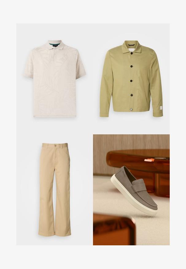 Lys olivengrøn jakke lavet af linned, med lige snit, sorte knapper og et mærke på ærmet. Ingen mønstre eller udsmykninger synlige.; Beige polo skjorte lavet af tekstureret stof med et subtilt palmebladsmønster. Den har en klassisk krave og to knapper ved halsen.; Beige, vidde bukser lavet af en bomuldsblanding. Har en knaplukning og bæltestropper. Glat tekstur med minimale syninger.; Grå ruskind slip-on sko med hvid sål svævende over beige tæppe, med gennemsigtigt orange møbel i baggrunden.