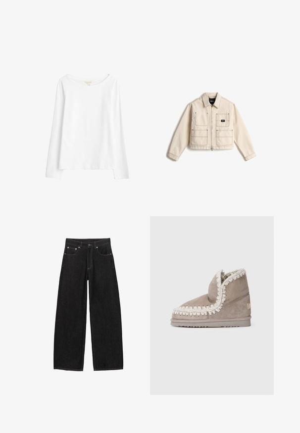 Lysebeige lynlåsjakke med fire forlommer med mørke sømme og et lille sort Vans-logo patch på den øverste højre lomme.; Seasalt Cornwall Langærmet T-shirt - white salt; Sorte jeans med højt liv og brede ben, lukkes med knapper foran, har fem lommer og synlige hvide syninger langs sømmene.; Suedes ankelstøvler i lys grå med hvid syning og blødt indre, med rund tå og en struktureret gummisål.