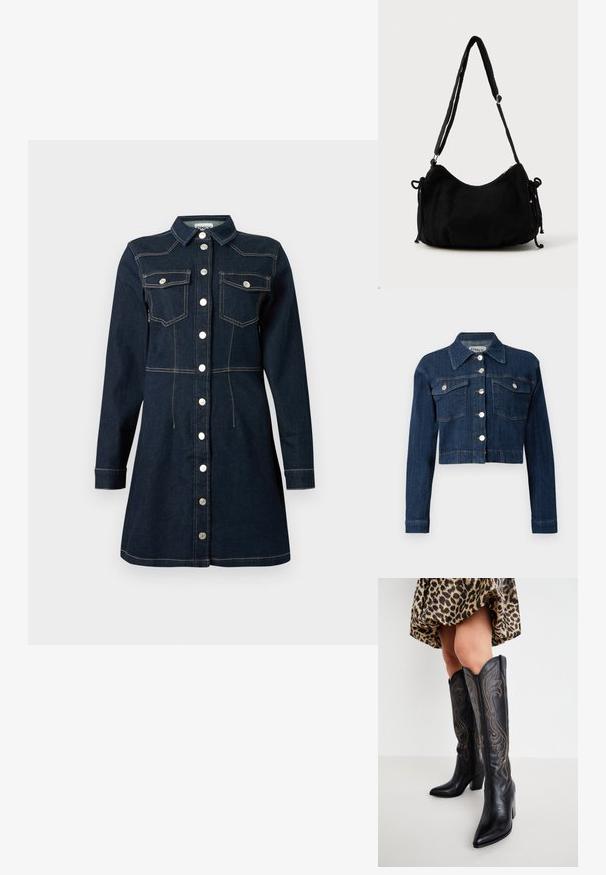 Dunkelblaue, taillierte Jeansjacke mit spitzem Kragen, silbernen Knöpfen und zwei aufgesetzten Brusttaschen mit Klappen. Glatte Textur mit dezenten Nähdetails.; Dunkelblaues Jeanskleid mit langen Ärmeln, Frontknopfverschluss, zwei Brusttaschen mit Klappe und Kontrastnähten.; Beine in knielangen schwarzen Leder-Stiefeln im Cowboy-Stil mit dekorativer Stickerei, kombiniert mit einem kurzen Leopardenmuster-Rock vor einem weißen Hintergrund.; Schwarze Cordtasche mit geschwungener Form, verstellbarem Schultergurt und Kordelzugverschlüssen an beiden Seiten zur Größenanpassung.