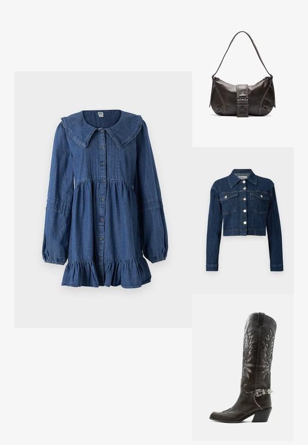 Tumman denim-kroppinen takki, jossa on terävä kaulus, hopeanväriset napit sekä kaksi rintataskua läpillä. Sujuva rakenne hienovaraisilla tikkaus yksityiskohdilla.; Sininen farkkupuku, jossa on suuri kaulus, napitus edessä, pitkät hihat, kootut vyötärö ja kellotettu röyhelöhame. Pehmeä rakenne ja yksityiskohtainen ompelu.; Musta nahkainen cowboy-saapas koristeellisilla leikkauksilla, hopeisella soljella ja vinolla korolla, valkoisella taustalla esitetty.; Ruskea nahkainen olkalaukku, jossa on kaareva muoto, erottuva solk yksityiskohta, kontrastivärinen ommel ja yksi olkahihna.