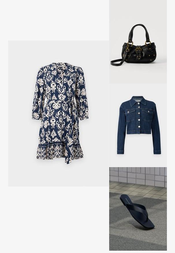 Donker denim cropped jack, met een puntige kraag, zilveren knopen en twee borstzakken met kleppen. Glad textuur met subtiele stikseldetails.; Marineblauwe jurk met crèmekleurig abstract patroon, 3/4 mouwen, v-hals, gecinchede taille en uitlopende zoom met een decoratieve rand.; Zwarte teenslipper met vierkante neus en merknaam op het voetbed, rechtop geplaatst op gestructureerde bestrating nabij betegelde muur.; Zwarte leren handtas met gouden gesp en klinknagel details, korte handvatten en een verstelbare schouderriem op een effen witte achtergrond.