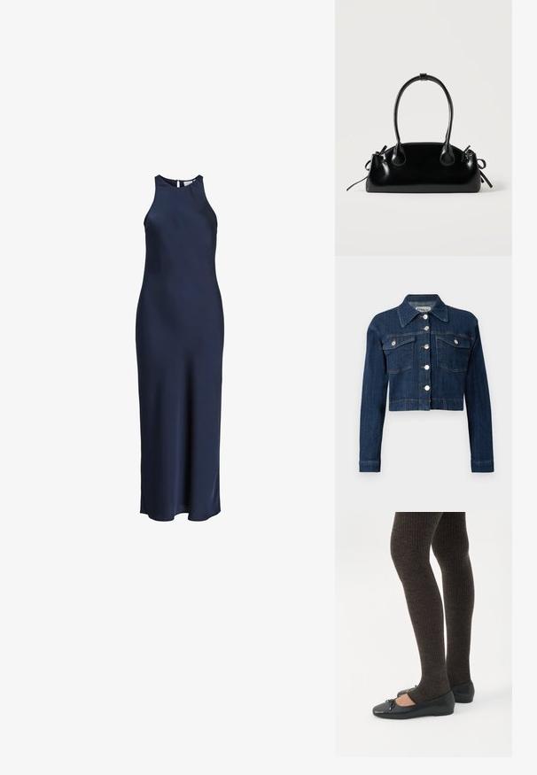 Mørk denim cropped jakke med spids krave, sølvknapper og to brystlommer med klapper. Glat tekstur med subtile syninger.; Lang, ærmeløs natblå satin-kjole med høj halsudskæring og knaplukning bagpå.; Ben iført mørke ribbede leggings kombineret med sorte balletsko med små sløjfedetaljer på hvid baggrund.; Lille sort blank håndtaske med to lange håndtag og snøre-detaljer i siden på en ensfarvet lys baggrund.