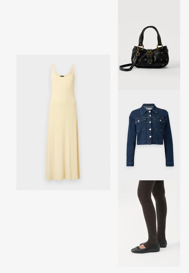 Veste cropped en denim foncé, avec un col pointu, des boutons argentés et deux poches poitrine avec rabats. Texture lisse avec des détails de couture subtils.; Robe maxi jaune clair sans manches avec encolure dégagée, corsage ajusté et jupe fluide sur fond uni.; Jambes portant des leggings côtelés foncés associés à des ballerines noires avec de petits détails en nœud sur fond blanc.; Sac à main en cuir noir avec boucle dorée et détails à rivets, poignées courtes et bandoulière réglable sur fond blanc uni.
