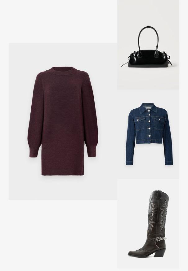 Veste cropped en denim foncé, avec un col pointu, des boutons argentés et deux poches poitrine avec rabats. Texture lisse avec des détails de couture subtils.; Robe-sweater bordeaux avec un col rond et de longues manches légèrement bouffantes. Fabriquée en tissu doux et texturé. Se termine au-dessus du genou.; Botte de cowboy en cuir noir avec découpes décoratives, boucle argentée et talon incliné, présentée sur fond blanc.; Petit sac à main noir brillant avec deux longues anses et des détails à cordon sur les côtés sur un fond clair uni.