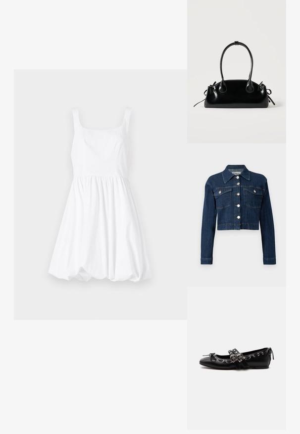 Veste cropped en denim foncé, avec un col pointu, des boutons argentés et deux poches poitrine avec rabats. Texture lisse avec des détails de couture subtils.; Robe en coton blanc avec un décolleté carré, des fines bretelles et une jupe froncée, créant une silhouette volumineuse.; Chaussure de ballet plate noire avec doubles brides à boucle, œillets argentés et petit nœud près de l’orteil arrondi sur fond blanc.; Petit sac à main noir brillant avec deux longues anses et des détails à cordon sur les côtés sur un fond clair uni.