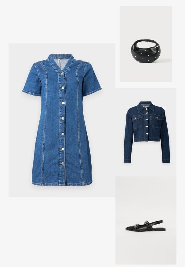 Veste cropped en denim foncé, avec un col pointu, des boutons argentés et deux poches poitrine avec rabats. Texture lisse avec des détails de couture subtils.; Robe en denim à boutons avec des manches courtes, présentant un col, des détails de coutures verticales et cinq boutons argentés sur le devant.; Even&Odd by Zalando Ballerines à brides arrière - black; Sac à main en cuir noir de forme arrondie, décoré de clous argentés et équipé d'une poignée courte. Texture lisse et fermeture éclair.