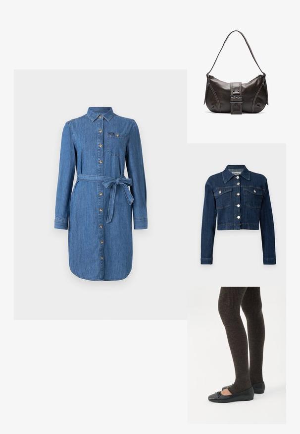Chaqueta recortada de mezclilla oscura, con un cuello puntiagudo, botones plateados y dos bolsillos en el pecho con solapas. Textura suave con sutiles detalles de costura.; Vestido de camisa de denim con mangas largas, botones en el frente, bolsillo en el pecho y cinturón atado en la cintura en un lavado azul medio.; Piernas con leggings oscuros acanalados combinados con bailarinas negras que presentan pequeños detalles de lazo sobre un fondo blanco.; Bolso de hombro de cuero marrón con forma curva, que presenta un prominente detalle de hebilla, costuras en contraste y una sola correa para el hombro.