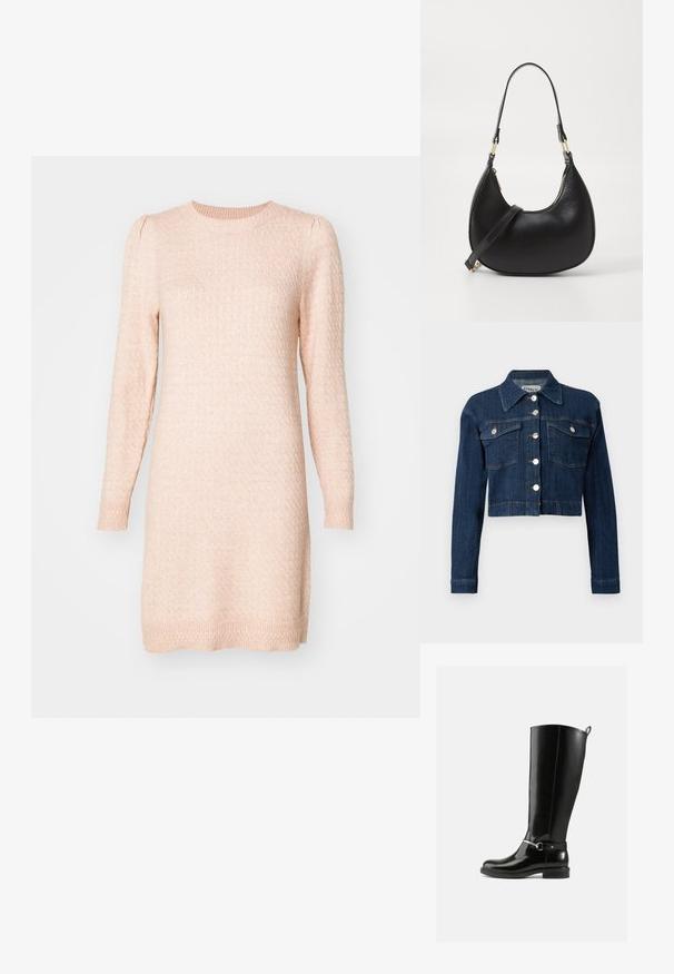 Mørk denim cropped jakke med spids krave, sølvknapper og to brystlommer med klapper. Glat tekstur med subtile syninger.; Langærmet, rundhalset sweaterkjole i blød lyserød. Struktureret strik med subtile hævede mønstre, tætsiddende manchetter og lige silhuet.; Sorte knæhøje støvler lavet af blankt læder med en sølvfarvet spænde ved anklen og rundet snude. Flad sål.; Sort læder håndtaske med en buet form, udstyret med en top-lynlås, et kort håndtag og en aftagelig crossbody-strop. Gyldne hardware-accenter.