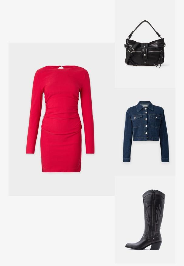 Veste cropped en denim foncé, avec un col pointu, des boutons argentés et deux poches poitrine avec rabats. Texture lisse avec des détails de couture subtils.; Robe longue rouge à manches longues avec une coupe cintrée, présentant des détails froncés à la taille et une ouverture en forme de clé au dos. Tissu au toucher doux.; Bottes de cow-boy en cuir noir avec bout pointu, coutures apparentes, ornements à clous argentés et fermeture éclair sur le côté intérieur.; Even&Odd H24462 - Sac à main - black