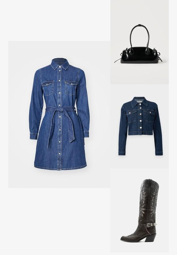 Dunkelblaue, taillierte Jeansjacke mit spitzem Kragen, silbernen Knöpfen und zwei aufgesetzten Brusttaschen mit Klappen. Glatte Textur mit dezenten Nähdetails.; Denimhemdkleid mit langen Ärmeln, durchgehender Knopfleiste, Brusttaschen und einem Kordelzug in der Taille. Verfügt über einen klassischen Kragen und einen mittellangen Saum.; Schwarzer Leder-Cowboystiefel mit dekorativen Ausschnitten, silberner Schnalle und schräger Ferse, auf weißem Hintergrund dargestellt.; Kleine schwarze glänzende Handtasche mit zwei langen Griffen und seitlichen Kordelzug-Details vor einfachem hellem Hintergrund.