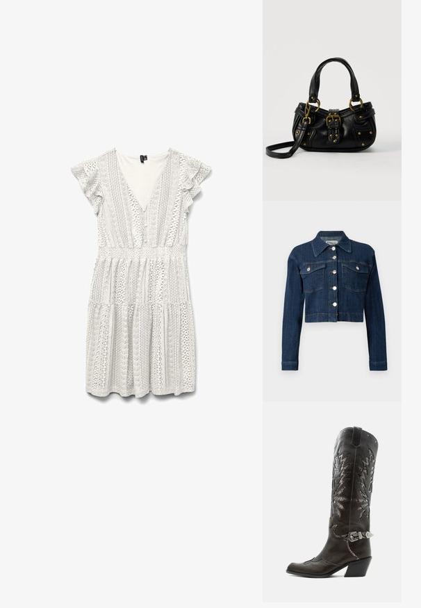 Mørk denim cropped jakke med spids krave, sølvknapper og to brystlommer med klapper. Glat tekstur med subtile syninger.; Hvid kjole med flæseærmer, der har detaljerede blonde mønstre og dyb V-udskæring. Taljen er smocksyet og går over i et lagdelt skørt.; Sort læder cowboystøvle med dekorative udskæringer, sølvspænde og skrå hæl, vist på hvid baggrund.; Sort læderhåndtaske med guldbælge og nitdetaljer, korte håndtag og en justerbar skulderrem på en ensfarvet hvid baggrund.