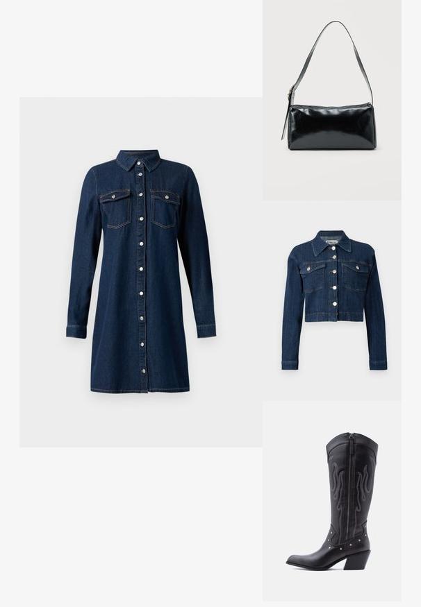 Dunkelblaue, taillierte Jeansjacke mit spitzem Kragen, silbernen Knöpfen und zwei aufgesetzten Brusttaschen mit Klappen. Glatte Textur mit dezenten Nähdetails.; Dunkelblaues Denim-Hemdkleid mit langen Ärmeln und Kragen, silberne Druckknöpfe vorne und zwei Brusttaschen mit Klappen und Druckknöpfen.; Schwarze Cowboy-Stiefel aus Leder mit spitzer Zehenpartie, sichtbarer Nahtführung, silbernen Nietenakzenten und Reißverschluss auf der Innenseite.; Schwarze rechteckige Schultertasche mit einem verstellbaren Riemen und einem oberen Reißverschluss vor einfachem Hintergrund.
