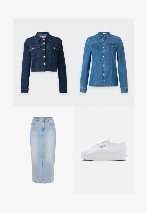 Mørk denim cropped jakke med spids krave, sølvknapper og to brystlommer med klapper. Glat tekstur med subtile syninger.; Denimskjorte i en mellemblå farve, med knaplukning foran, to brystlommer og krave. Glat tekstur med dekorative syninger.; Lysblå denim midi-nederdel med lige snit, frontslids og synlige sømme. Har en knaplukning og bæltestropper.; Hvide canvas sneakers med en tyk hvid platformssål, rund tå og metaløjelets til snørebånd. Mærkets logo præsenteret på siden.