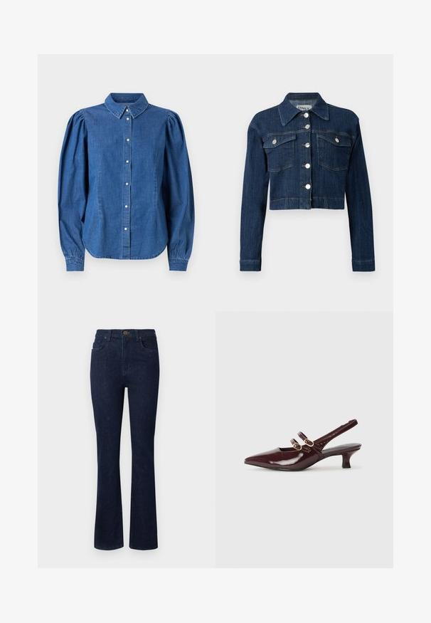 Mørk denim cropped jakke med spids krave, sølvknapper og to brystlommer med klapper. Glat tekstur med subtile syninger.; Denimskjorte i lyseblå farve, med knaplukning foran og skræddersyet krave. Har pufærmer og en buet kant.; Mørkeblå denim jeans med design i flared ben, fem lommer og knaplukning i taljen. Glat tekstur med minimal syning.; Marco Tozzi Pumps - bordeaux