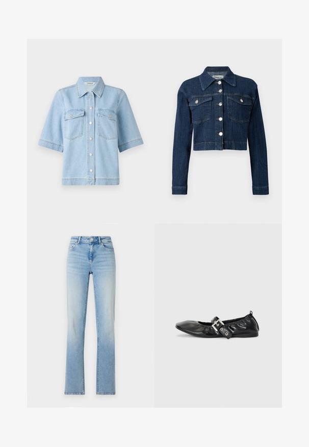 Donker denim cropped jack, met een puntige kraag, zilveren knopen en twee borstzakken met kleppen. Glad textuur met subtiele stikseldetails.; Lichtblauwe denim overhemd met korte mouwen, een puntige kraag, twee borstzakken en zilveren drukknoopjes aan de voorkant. Schone, gladde textuur.; Lichtblauwe denim jeans met een hoge taille, rechte pijpen en subtiele vervaging. Voorzien van vijf zakken en riemlussen.; Zwarte leren platte schoen met een spitse neus, geplooide details rond de opening en een zilveren gespaccentueerde verstelbare band.