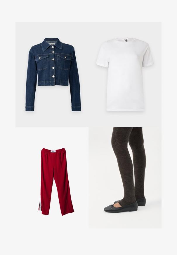 Mørk denim cropped jakke med spids krave, sølvknapper og to brystlommer med klapper. Glat tekstur med subtile syninger.; Enkelt hvid kortærmet t-shirt i bomuld med rund hals, med et lille diskret logo nær brystet og en mærkat ved kraven.; Røde sportsbukser med elastisk talje, med sidelæg og diskrete plisseringer. Materialet ser glat ud, med et mærke på taljen.; Ben iført mørke ribbede leggings kombineret med sorte balletsko med små sløjfedetaljer på hvid baggrund.