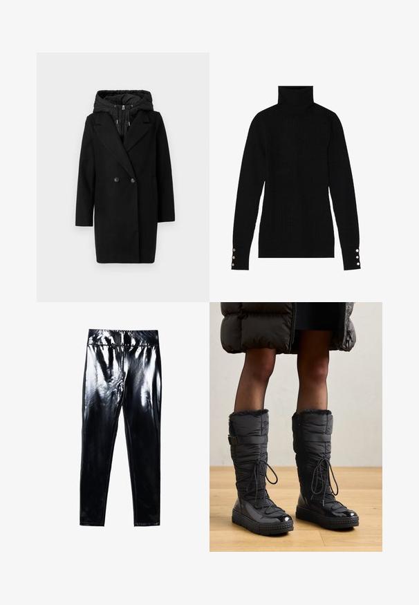 Vero Moda VMGRACE - Vinterfrakke - black; Sort turtleneck sweater med ribbet tekstur. Har tætsiddende lange ærmer med tre sølvknapper ved hver manchet.; Sorte højglans leggings med en blank, glat overflade. Elastisk talje og tætsiddende design med en indsnævret benform.; Knæhøje sorte pufferstøvler med fake fur kant, skinnende vandtæt overdel, tekstureret sål og justerbar snøre detaljer.