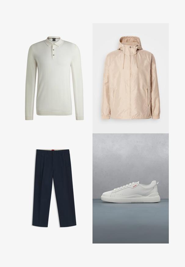 Chaqueta ligera color beige con capucha, que cuenta con cierre completo, dos bolsillos laterales, puños elásticos y un sutil patrón de logo en relieve.; BOSS LANCIONE - Jersey de punto - open white eleven; Pantalones anchos de color azul marino oscuro con trabillas para cinturón, cierre frontal con botón y cremallera, y bolsillos laterales, mostrados sobre un fondo blanco.; Zapatilla blanca con un acabado de cuero liso, punta redonda, cuatro ojales, perforaciones sutiles y un detalle de logo rojo en el lateral.