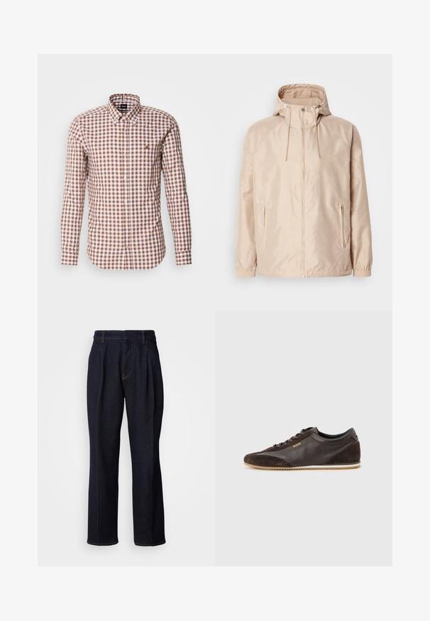 Beige Leichte Jacke mit Kapuze, ausgestattet mit einem durchgehenden Reißverschluss, zwei seitlichen Taschen, elastischen Bündchen und einem subtilen, geprägten Logo-Muster.; Braun- und weiß kariertes Langarmhemd mit Button-Down-Kragen und gesticktem Logo auf der Brust. Baumwollstoffstruktur.; Dunkelblaue weit geschnittene Jeans mit vorderen Falten und orangen Nähten, auf weißem Hintergrund gezeigt.; Dunkelbrauner Low-Top-Ledersneaker mit Wildledereinsätzen, Schnürdesign, hellbrauner Gummisohle und kleinem goldfarbenem "BOSS"-Logo an der Seite.