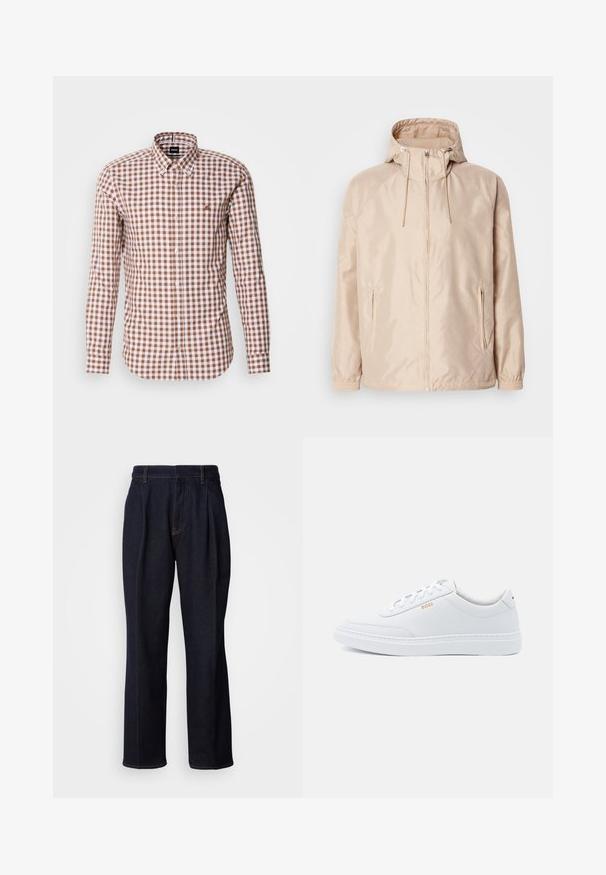 Beige Leichte Jacke mit Kapuze, ausgestattet mit einem durchgehenden Reißverschluss, zwei seitlichen Taschen, elastischen Bündchen und einem subtilen, geprägten Logo-Muster.; Braun- und weiß kariertes Langarmhemd mit Button-Down-Kragen und gesticktem Logo auf der Brust. Baumwollstoffstruktur.; Dunkelblaue weit geschnittene Jeans mit vorderen Falten und orangen Nähten, auf weißem Hintergrund gezeigt.; Weiße Leder-Sneaker mit glatter Textur, runder Zehenpartie und tonal abgestepptem Design. Mit blauen Schnürsenkeln und einem goldenen Logo an der Seite.