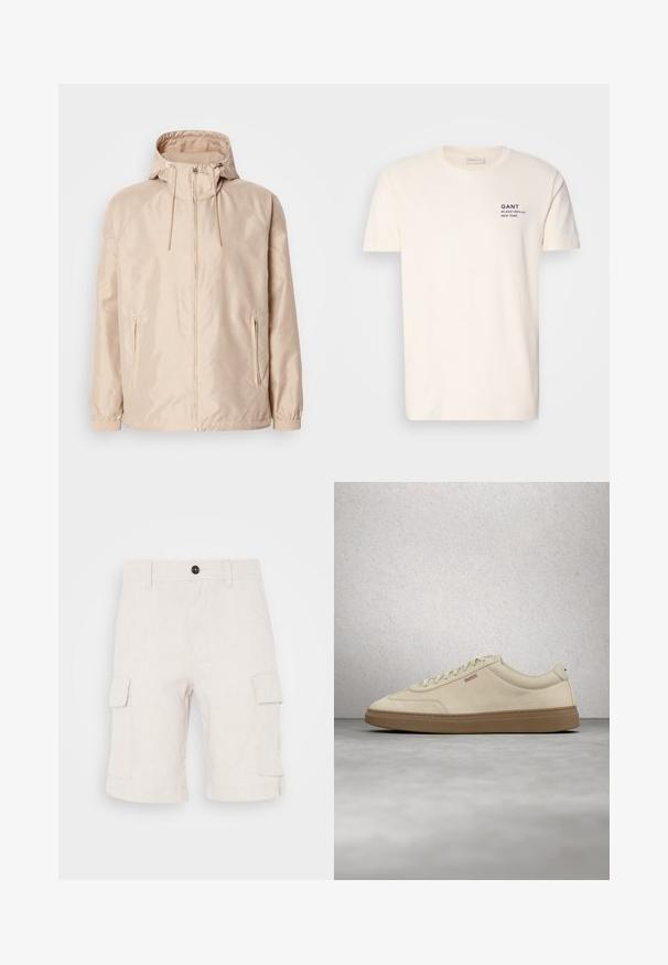 Chaqueta ligera color beige con capucha, que cuenta con cierre completo, dos bolsillos laterales, puños elásticos y un sutil patrón de logo en relieve.; Camiseta de algodón color crema con cuello redondo, mangas cortas y un pequeño estampado en navy en el pecho que dice "GANT 32 EAST 39TH ST. NEW YORK."; Pantalones cortos cargo beige hechos de tela ligera, con dos bolsillos laterales y un dobladillo doblado. Cierre de botón en la cintura.; Zapatilla de ante beige claro con suela de goma color caramelo, cordones prominentes y detalles de costura sutiles. Diseño limpio con una estética minimalista.