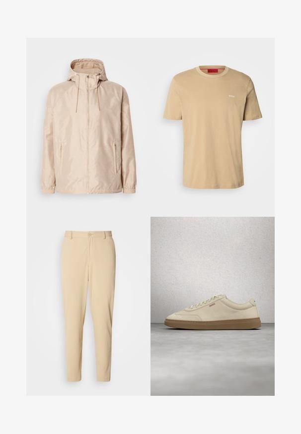 Béžová ľahká bunda s kapucňou, obsahujúca plný zips, dve bočné vrecká, elastické manžety a jemný embosovaný vzor s logom.; Béžové bavlnené tričko s okrúhlym výstrihom, krátkymi rukávmi a malým bielym logom "HUGO" na hrudi. Hladká textúra bez vzoru.; Béžové, textúrované nohavice so slim fit strihom, majúce predné zapínanie na gombík, pútka na opasok a bočné vrecká. Hladký povrch látky.; Svetlo béžová semišová teniska s podrážkou z gumovej gumy, výraznými šnúrkami a jemnými detailmi šitia. Čistý dizajn s minimalistickou estetikou.