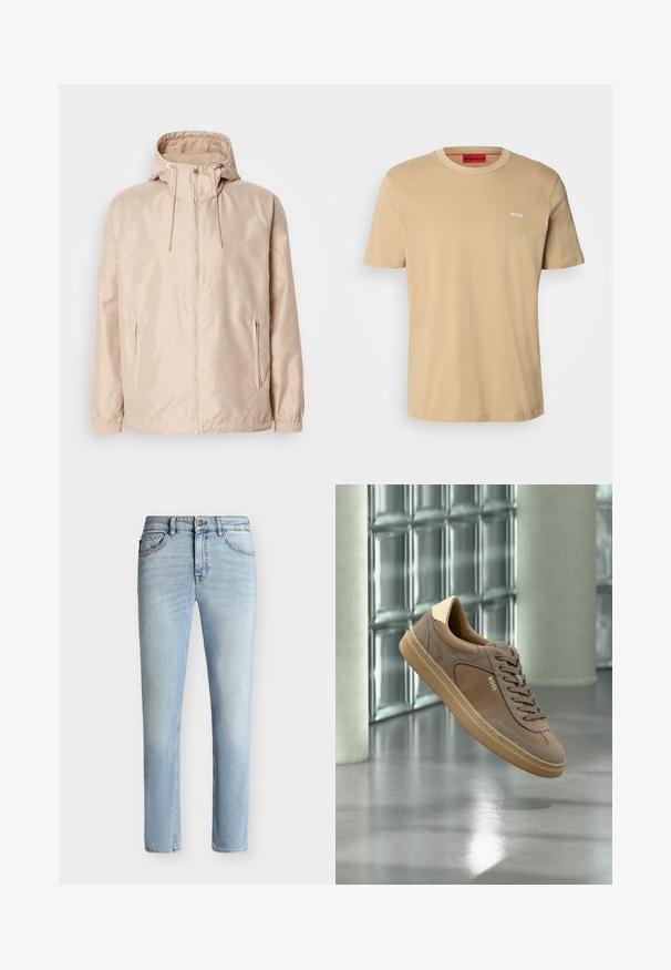 Veste légère beige avec une capuche, dotée d'une fermeture éclair intégrale, de deux poches latérales, de poignets élastiques et d'un subtil motif de logo en relief.; T-shirt en coton beige avec un col rond, des manches courtes et un petit logo blanc "HUGO" sur la poitrine. Texture lisse sans motifs.; Jean slim bleu clair en denim avec bouton et fermeture éclair à l'avant, design cinq poches et décoloration subtile de la cuisse au genou.; Baskets décontractées beiges avec lacets et logo « BOSS », flottant au-dessus d’un sol en béton poli avec un mur en blocs de verre en arrière-plan.