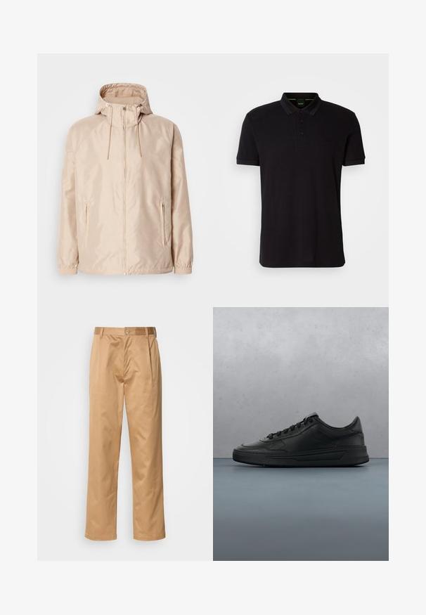 Beige Leichte Jacke mit Kapuze, ausgestattet mit einem durchgehenden Reißverschluss, zwei seitlichen Taschen, elastischen Bündchen und einem subtilen, geprägten Logo-Muster.; Schwarzes Poloshirt aus weichem Stoff, mit klassischem Kragen, dreiknöpfiger Knopfleiste und gesticktem Logo auf der Brust.; Khaki-Hosen aus Baumwollmischung, im geraden Schnitt, mit Vorderfalten, Gürtelschlaufen und Knopfverschluss. Glatte Textur ohne Muster.; Schwarze Sneaker mit glattem Lederobermaterial, runder Zehenpartie, flachen Schnürsenkeln, gepolstertem Kragen und minimalistischem Design. Gummisohle mit subtiler Profilierung.