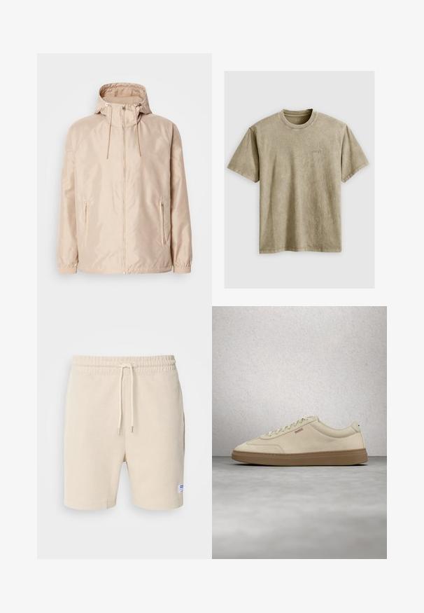 Veste légère beige avec une capuche, dotée d'une fermeture éclair intégrale, de deux poches latérales, de poignets élastiques et d'un subtil motif de logo en relief.; T-shirt marron clair à manches courtes avec un col rond, fabriqué en tissu doux. Présente un petit logo brodé sur la poitrine.; Shorts de couleur crème en tissu texturé. Dotés d'une taille élastique avec cordon de serrage et de poches latérales. Petite étiquette sur l'ourlet.; Baskets en daim beige clair avec une semelle en caoutchouc gomme, des lacets prononcés et des détails de couture subtils. Design épuré avec une esthétique minimaliste.