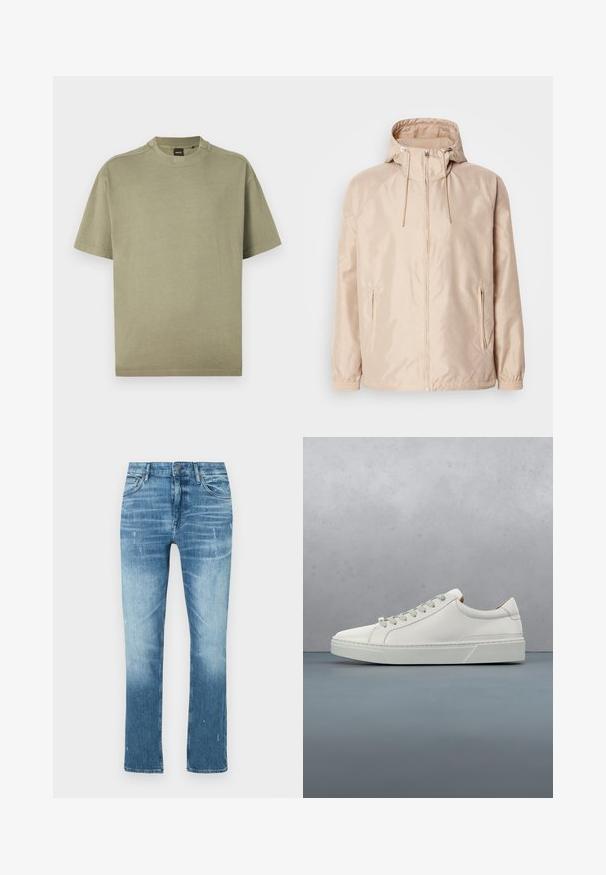 Chaqueta ligera color beige con capucha, que cuenta con cierre completo, dos bolsillos laterales, puños elásticos y un sutil patrón de logo en relieve.; Camiseta de algodón suave de manga corta en verde oliva con cuello redondo y diseño sencillo, que presenta un logotipo sutil en el escote.; Jeans rectos de color azul claro, hechos de mezclilla, con un acabado desvanecido, un ligero desgaste y un diseño tradicional de cinco bolsillos.; Zapatilla blanca de cuero con punta redondeada, diseño minimalista, cordones grises y suela de goma texturizada gris. Detalles de costura sutiles visibles.