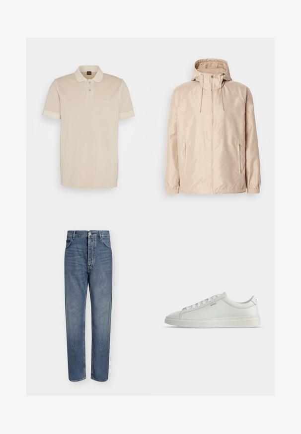 Beige Leichte Jacke mit Kapuze, ausgestattet mit einem durchgehenden Reißverschluss, zwei seitlichen Taschen, elastischen Bündchen und einem subtilen, geprägten Logo-Muster.; Beige Poloshirt aus weicher Baumwolle. Es verfügt über einen klassischen Kragen, zwei Knöpfe und ein kleines gesticktes Logo auf der Brust.; Gerade geschnittene blaue Jeans aus Denim mit hoher Taille, Frontknopfverschluss und Fünf-Taschen-Design auf einem schlichten hellen Hintergrund.; Weißer Leder-Sneaker in niedriger Ausführung mit Schnürsenkeln, flacher Sohle und kleinem goldfarbenem "BOSS" Logo an der Seite, von der Außenseite betrachtet.