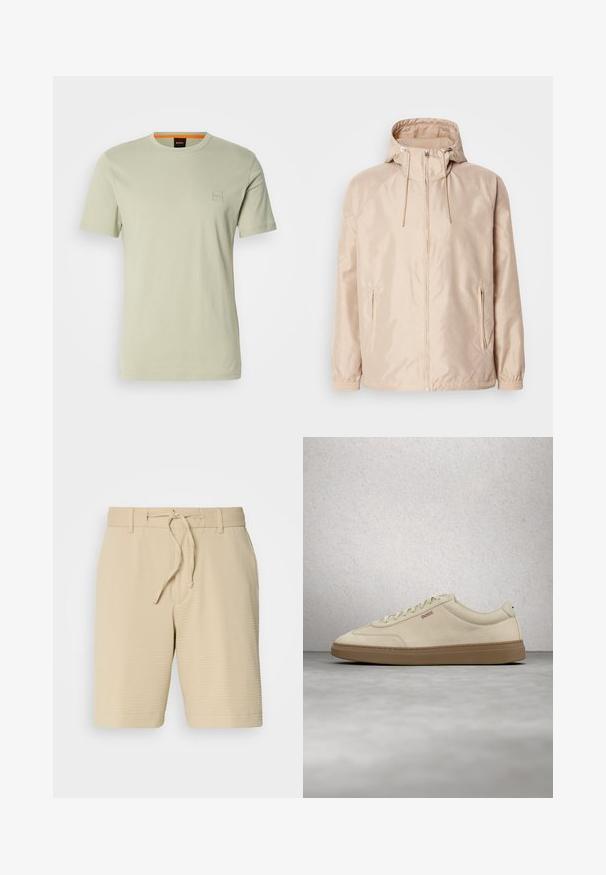 Veste légère beige avec une capuche, dotée d'une fermeture éclair intégrale, de deux poches latérales, de poignets élastiques et d'un subtil motif de logo en relief.; T-shirt vert clair à manches courtes en coton. Présente un petit logo carré sur la poitrine et un accent orange au niveau du col.; Shorts beiges en tissu texturé, dotés d'une taille élastique avec cordon de serrage et de poches latérales pour plus de fonctionnalité.; Baskets en daim beige clair avec une semelle en caoutchouc gomme, des lacets prononcés et des détails de couture subtils. Design épuré avec une esthétique minimaliste.