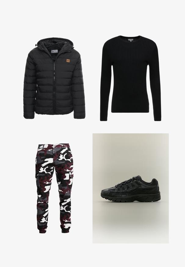 Doudoune noire avec capuche, dotée d'une fermeture éclair à l'avant, d'un motif matelassé horizontal et d'une petite étiquette en cuir marron sur la poitrine.; Pull noir à manches longues en côte avec un col rond ; le tissu texturé présente des lignes verticales ; silhouette ajustée ; sans embellissements ni accents visibles.; Pantalons cargo camouflage avec des motifs noir, blanc, gris et bordeaux. Matériau en coton avec des poches latérales et des poignets élastiques aux chevilles.; Chaussure de course Nike noire avec tige en mesh et synthétique, fermeture à lacets et semelle texturée, vue de côté gauche sur fond uni.