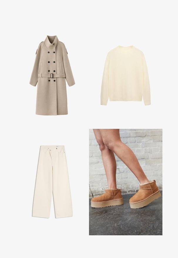 Beige long wool coat with high collar, double-breasted black buttons, belted waist, and long sleeves.; Cream-colored, long-sleeve knit sweater with a round neckline and a simple, seamless design.; Off-white wide-leg pants with front pockets, belt loops, and silver buttons on waistband and pocket edges.; Brown suede ankle boots with a plush lining, thick beige platform sole, and a rear pull tab. Textured surface with visible stitching details.