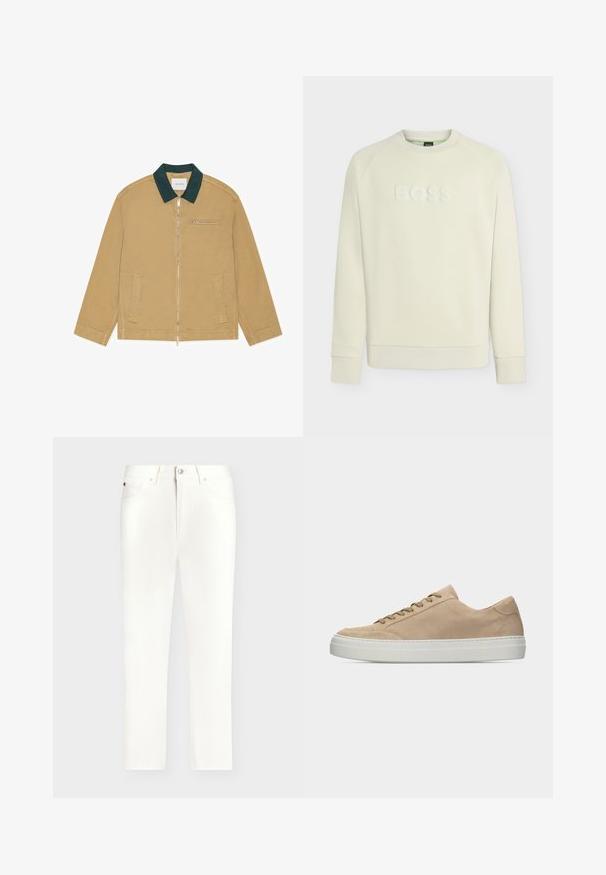 Veste beige zippée avec col vert foncé, deux poches avant et une poche poitrine horizontale zippée, posée à plat.; Sweat-shirt beige clair à col rond, manches longues avec poignets côtelés, featuring logo embossé "BOSS" sur la poitrine.; Jean droit blanc avec cinq poches, fermeture par bouton et fermeture éclair, présenté sur un fond gris clair.; Baskets basses en daim beige avec lacets beiges et une semelle en caoutchouc blanche épaisse, vues de profil sur un fond blanc uni.