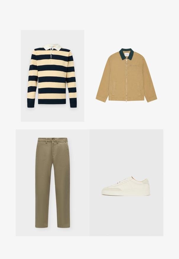 Veste beige zippée avec col vert foncé, deux poches avant et une poche poitrine horizontale zippée, posée à plat.; Chemise de rugby en maille à manches longues avec de larges rayures horizontales bleu marine et beige, col blanc et deux boutons blancs au niveau de l'encolure.; Pantalon droit kaki avec bouton et fermeture éclair, passants de ceinture et poches latérales sur un fond clair uni.; Baskets en daim blanc à finition lisse, embout rond, design lacé plat, avec des accents texturés contrastants. Comprend un détail de logo subtil.