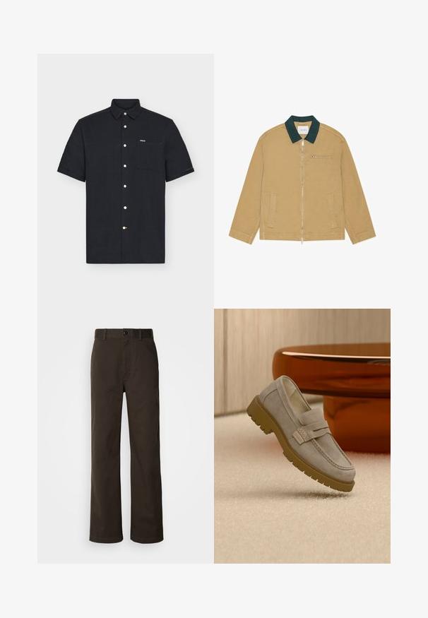 Veste beige zippée avec col vert foncé, deux poches avant et une poche poitrine horizontale zippée, posée à plat.; Chemise noire à manches courtes avec boutons, avec une poche poitrine avant et une petite étiquette logo sur fond blanc uni.; Pantalons en coton marron avec une coupe droite, dotés d'une fermeture à bouton, de passants de ceinture et de détails de couture minimalistes.; Mocassin en daim gris clair avec une semelle en caoutchouc marron épaisse, posé sur un tapis beige devant une table ronde marron floue.
