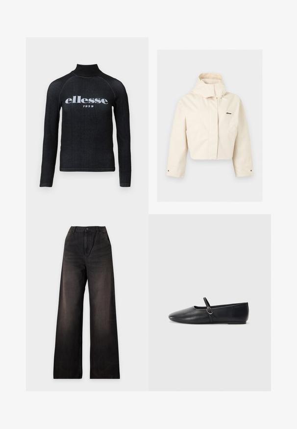 Cropped jas in crèmekleur met hoge kraag, lange mouwen, drukknoop manchetten en klein ellesse-logo op de linkerborst.; Zwarte longsleeve top met een hoge kraag, voorzien van een witte bedrukte "ellesse 1959" logo op de borst; zachte, rekbare stof.; Zwarte denim broek met wijde pijpen, voorzakken, riemlussen en knoopsluiting, platliggend op een witte achtergrond.; Zwarte leren balletschoenen met een spitse neus, platte zool en een kleine strap met een zilveren gespsluiting.