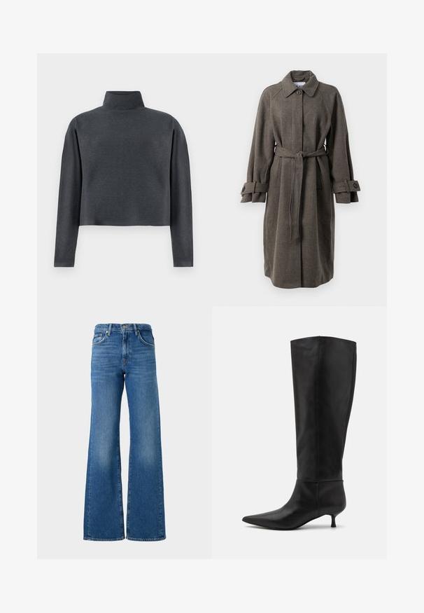 Brun uldfrakke med lige snit, knaplukning og bælte. Har krave, raglanærmer og manchetremme med knapper.; DRYKORN ASIRAL - Sweatshirt - grey; Bredde ben blå jeans med en falmet finish, lavet af denim, med et klassisk fem-lomme design og messingknap lukning i taljen.; Knæhøje sorte læderstøvler med spids tå og kitten-heel. Glat tekstur og minimalistisk design uden synligt hardware eller accenter.