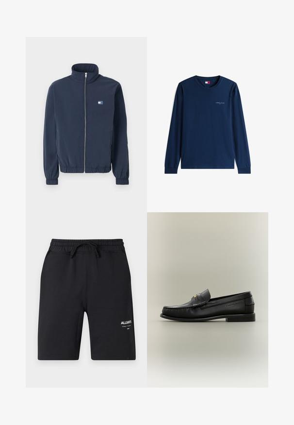 Tumesinine tõmblukkidega jakk kõrge kraega, elastsete varrukate ja hemiga, ning väike Tommy Jeans logo vasakul rinnal.; Tumesinine pika varrukaga ümara kaelusega särk, kus on rinnal väike valge "Tommy Jeans" logo ja bränditud silt krae sees.; Mustast puuvillast lühikesed püksid elastse vöökoha, nööriga ja valge logo detailidega. Sile tekstuur ja põlvekõrgune disain.; Mustast nahast libisev loafers madala kandaga, kuldse pandla detailiga ja küljele pressitud brändinimega neutraalse tausta taustal.