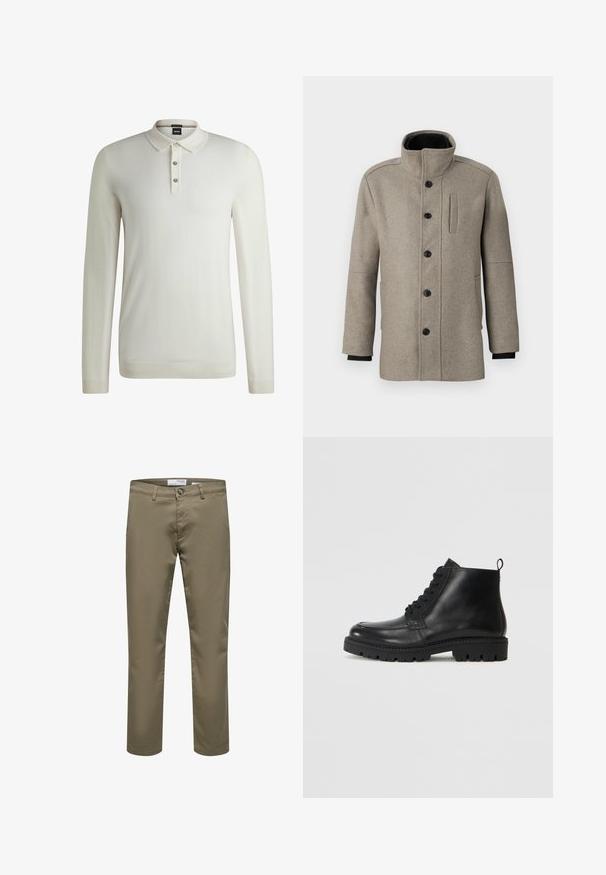 Lys grå uldfrakke med høj krave, frontlukning med knapper og en sidelomme. Har lange ærmer og en glat tekstur.; BOSS LANCIONE - Striktrøje - open white eleven; Herre straight-leg beige bukser med bæltestropper, knaplukning og forlommer, vist på en hvid baggrund.; Sorte læder ankelstøvler med rund tå, snørebånd fortil og tekstureret gummisål. Inkluderer en løkke ved hælen for nem påføring.
