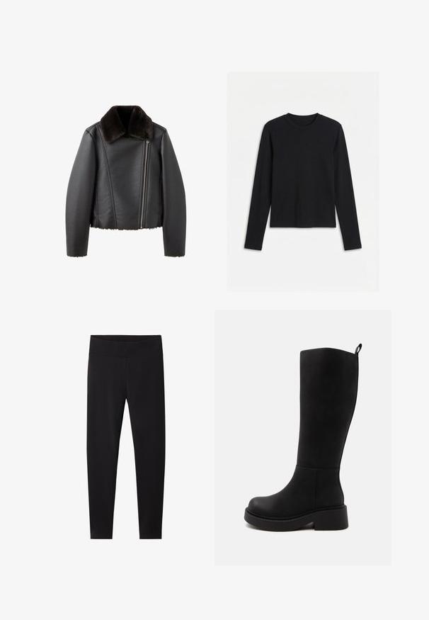 Chaqueta de cuero negra con cremallera frontal asimétrica y cuello de piel oscura y suave, mangas largas y ribete de piel en el dobladillo y los puños.; Camiseta negra de manga larga con cuello redondo y diseño ajustado y sencillo, mostrada sobre fondo blanco.; Leggings negros con una cinturilla elástica gruesa. Hechos de un material suave y elástico, ajustados para un silueta entallada y sin patrones visibles.; Bota alta negra con suela gruesa y tacón bajo de bloque, textura lisa y pequeño lazo en la parte trasera superior para facilitar el calzado.