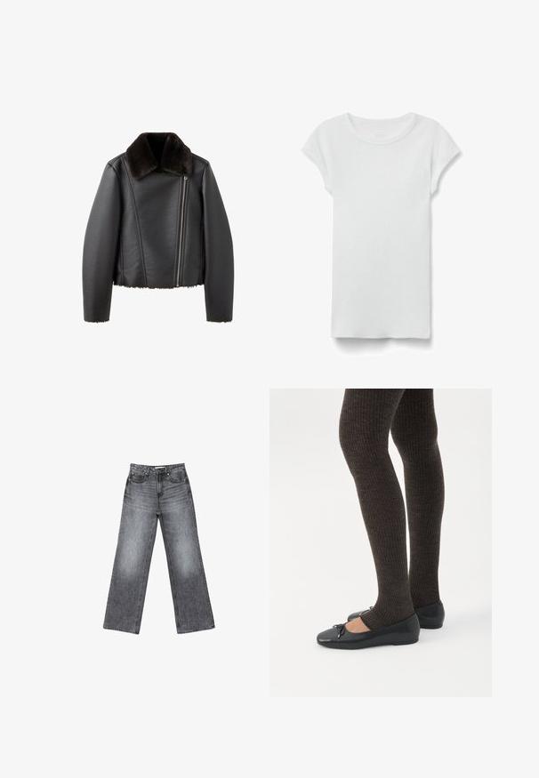 Sort læderjakke med asymmetrisk frontlynlås og mørkebrun blød pelskrave, lange ærmer og pelskant ved kant og manchetter.; Hvid kortærmet ribbet T-shirt med rund hals, lagt fladt på hvid baggrund, viser forsiden og simpel afslappet stil.; Bredde ben mørkegrå denimjeans med en falmet finish, fem lommer, en knaplukning og subtile sømdetaljer langs sømmene.; Ben iført mørke ribbede leggings kombineret med sorte balletsko med små sløjfedetaljer på hvid baggrund.