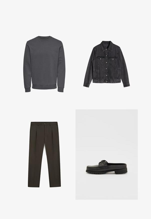 Sort denimjakke med klassisk design, frontlommer, knaplukning og en let falmet tekstur.; Grå sweatshirt lavet af blødt stof med rund halsudskæring, lange ærmer og ribbede manchetter og kant for en tætsiddende pasform. Ingen mønstre eller logoer.; Mørkebrune skræddersyede bukser med forreste læg, bæltestropper, sidelommer og knaplukning i taljen.; Sorte læderslipsko med snøre-detalje, rund tå og tekstureret sål. Har en let hævet hæl og glat overflade.