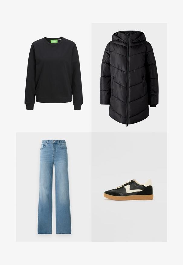 VILA Puffer VIMILJA Hooded - Vinterfrakke - black beauty; Sort crewneck sweatshirt lavet af bomuld. Har ribbestrikkede mansjetter og søm, med et grønt mærke der viser "JJXX" ved halsen.; Lyseblå højtaljede jeans med lige ben. Fremstillet af denim, med fem lommer og knaplukning.; Sorte ruskinds- og lædersneakers med en cremefarvet side-swoosh og lys cremefarvet hæl. Har beige snørebånd og en gummirubber-sål.