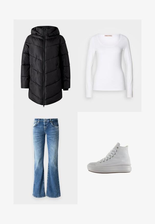 VILA Puffer VIMILJA Hooded - Wintermantel - black beauty; Witte katoenen T-shirt met lange mouwen, voorzien van een ronde halslijn en een getailleerd ontwerp, met een gladde textuur en zonder versieringen.; Lichtblauwe denim flared jeans met een vervaagde wassing, vijf zakken, gestikte details en een rits met knopsluiting.; Witte hoge canvas sneaker met witte veters, metalen oogjes, dikke rubberen zool en gestructureerde neuskap, naar links gericht op een witte achtergrond.