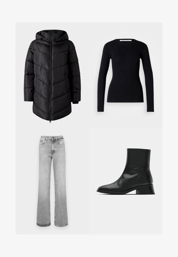 VILA Puffer VIMILJA Hooded - Zimný kabát - black beauty; Čierny top s dlhým rukávom vyrobený z rebrovanej tkaniny. Má okrúhly výstrih a priliehavý strih. Bez vzorov a ozdôb. Jednoduchý dizajn.; Svetlošedé vyblednuté rovné džínsy s prednými vreckami, pútkami na opasok a zapínaním na gombík a zips.; Čierne členkové topánky vyrobené z lesklej kože, s elegantným dizajnom, špicatou špičkou a stredne vysokým blokovým podpätkom pre stabilitu.