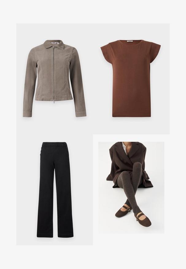 Braune Cordjacke mit Kragen und vorderem Reißverschluss. Verfügt über lange Ärmel und eine taillierte Passform, die eine strukturierte Oberfläche zeigt.; Braunes T-Shirt mit kurzen Ärmeln und Rundhalsausschnitt sowie geradem Saum, flach auf hellem Hintergrund dargestellt.; Schwarze weite Hose mit hohem Bund, Knopfdetails an den Seiten und einer glatten Denim-Oberfläche mit einem sauberen Finish.; Braune gerippte Kniestrümpfe kombiniert mit braunen Wildleder-Mary-Jane-Schuhen mit einem dekorativen Riemen und einer Schnalle, getragen mit einem dunklen Mantel.