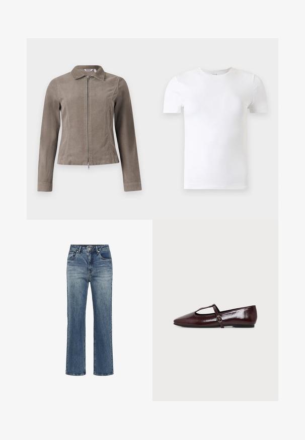 Veste en velours côtelé marron avec un col et une fermeture éclair frontale. Elle présente des manches longues et une coupe ajustée, mettant en valeur une surface texturée.; T-shirt blanc uni à manches courtes et col rond présenté sur un fond gris clair.; Jean droit en denim bleu avec taille haute, fermeture boutons, et poches avant, présentant un léger effet délavé et de subtils détails whiskering.; Chaussure plate en cuir bordeaux foncé avec un bout pointu et une fine bride en T avec une boucle argentée sur fond blanc.